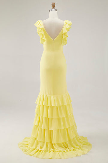 Yellow Mermaid V-Neck Tiered Long Formal Dress with Ruffled Slit